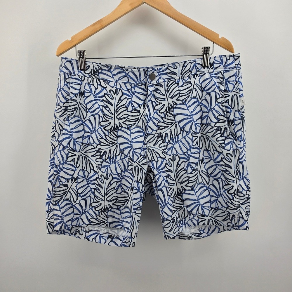 Onia The Calder Mens 34 Swim Trunks Blue White Monstera Leaf Tropical Print 7.5"